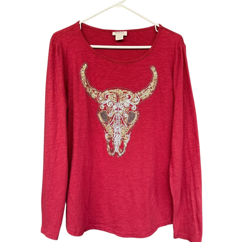 Ariat Shirt Womens XL Red Sequin Steer Skull Graphic Long Sleeve Western Top